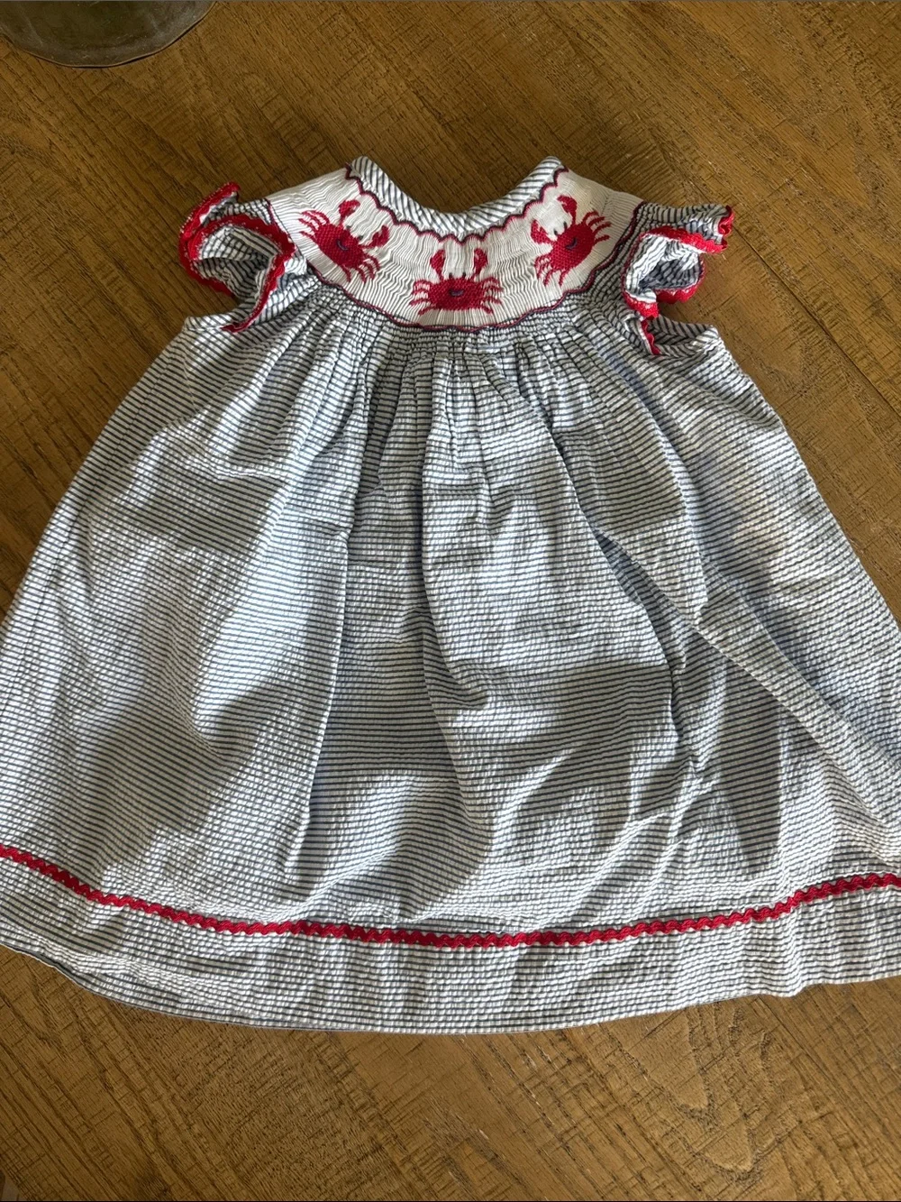 Embroidered Crab Seersucker Kids Dress in White and Red - Picture 1 of 2